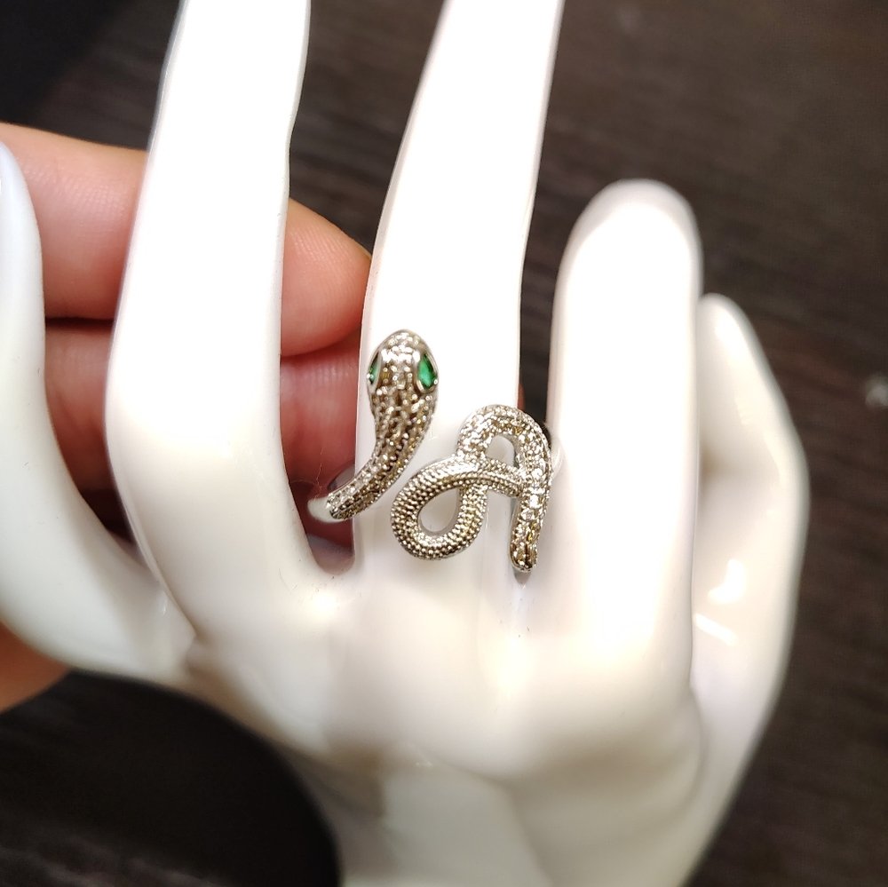 Silver Snake Ring with Green Gemstone